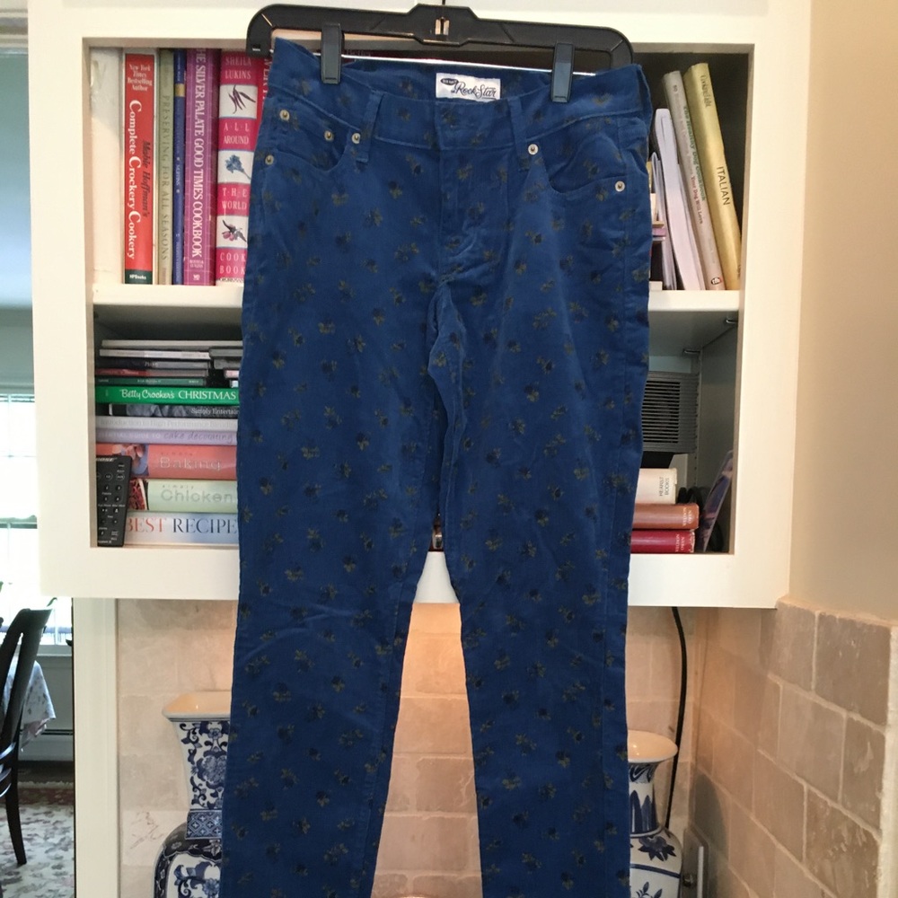 Old Navy the Rock Star 4 tall dark cornflower blue with mustard flowers corduroy